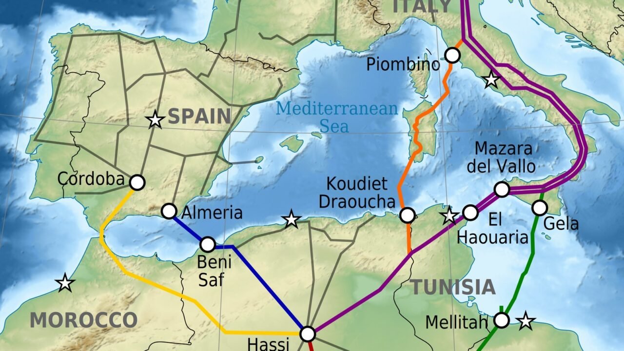 Karte der Maghreb-Europa-Gaspipeline zwischen Marokko und Spanien über das Mittelmeer