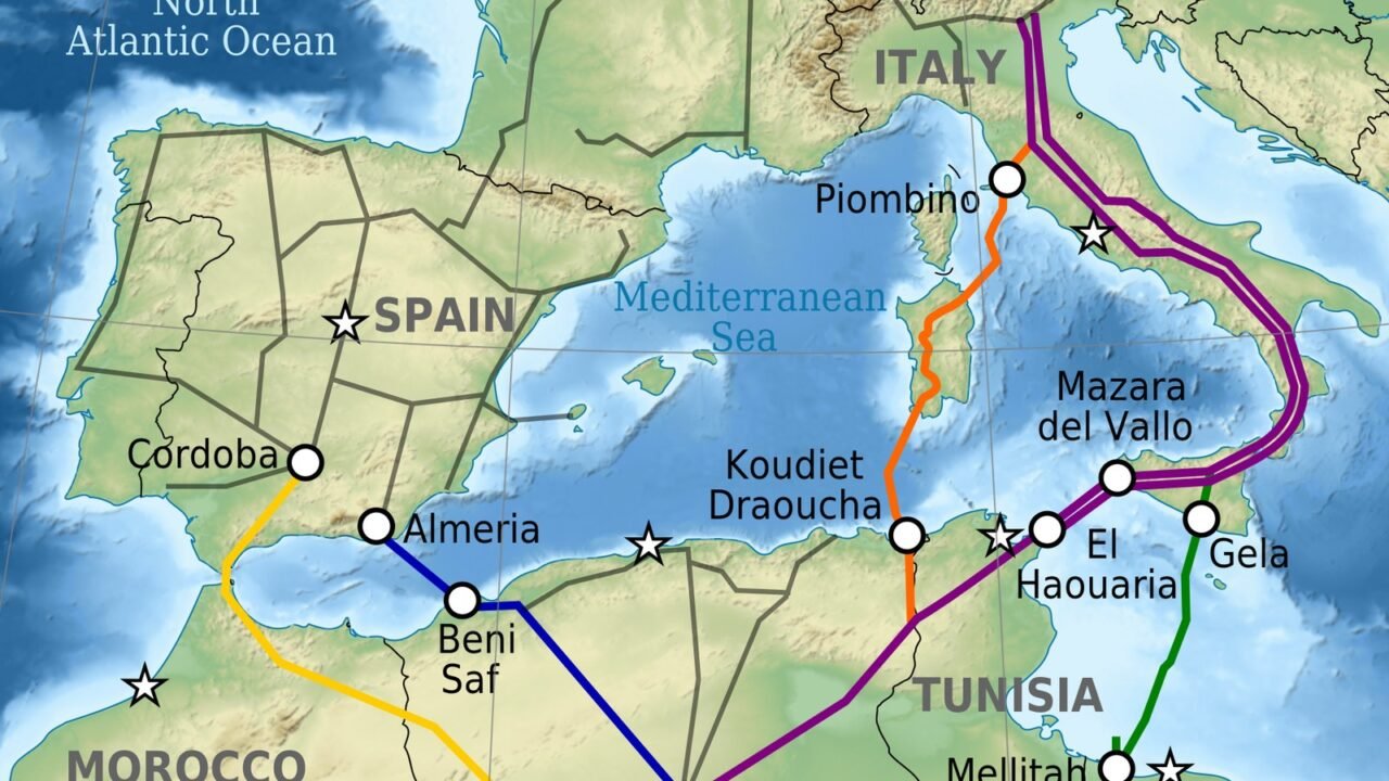 Karte der Gaspipelines im Mittelmeerraum mit der Maghreb-Europa-Leitung zwischen Marokko und Spanien