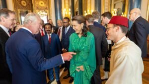 Prinzessin Lalla Meryem von Marokko im grünen Kaftan bei einem Empfang im Buckingham-Palast 2023