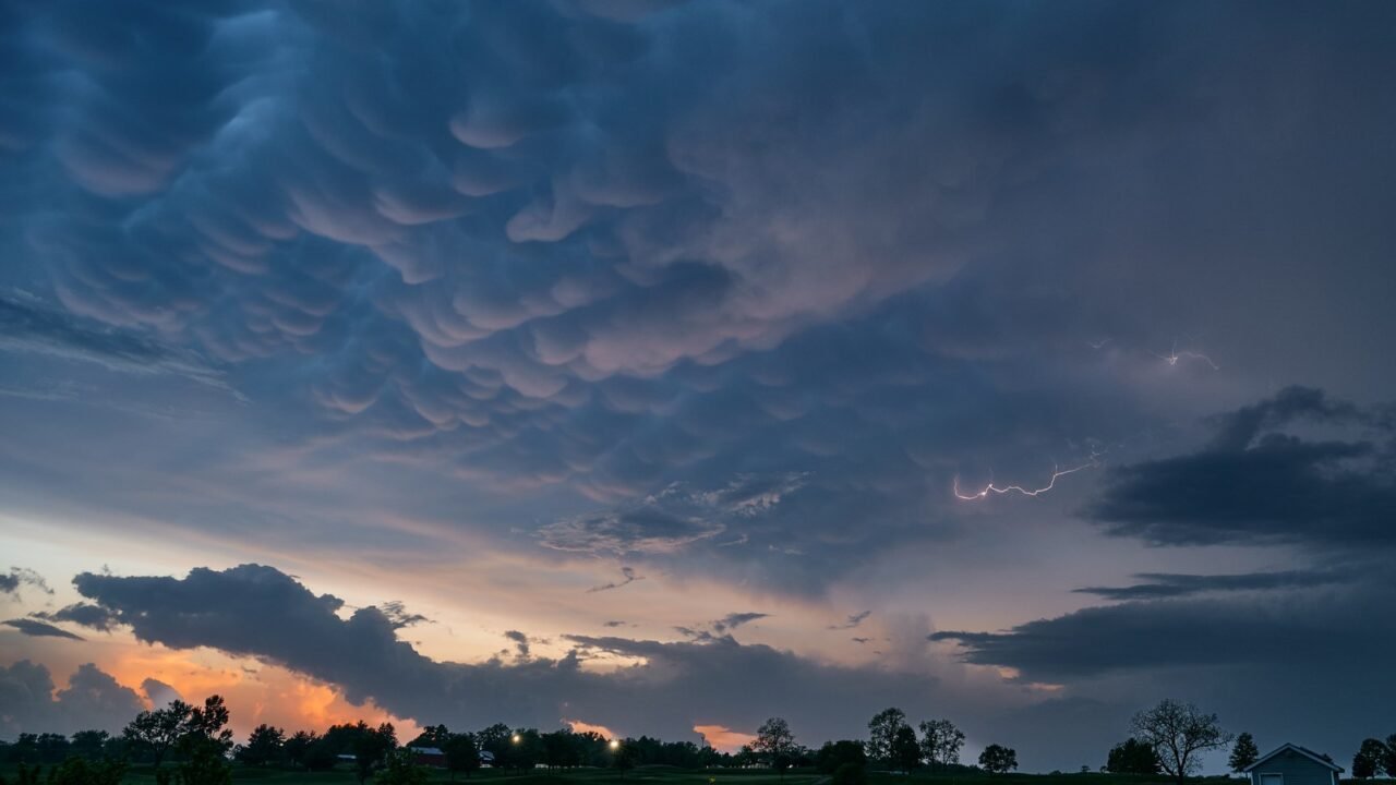 Gewitterwolken mit Blitzen am Abendhimmel (Symbolbild)